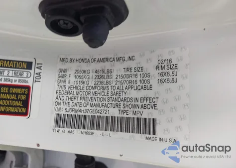 2016 Honda Cr-V Lx from USA, damaged, VIN 5J6RM4H37GL042721